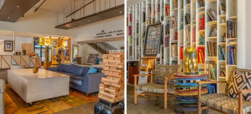 Lobby and sitting area at Postcard Inn at the Beach (left) and secondary sitting area next to a large library wall (right)